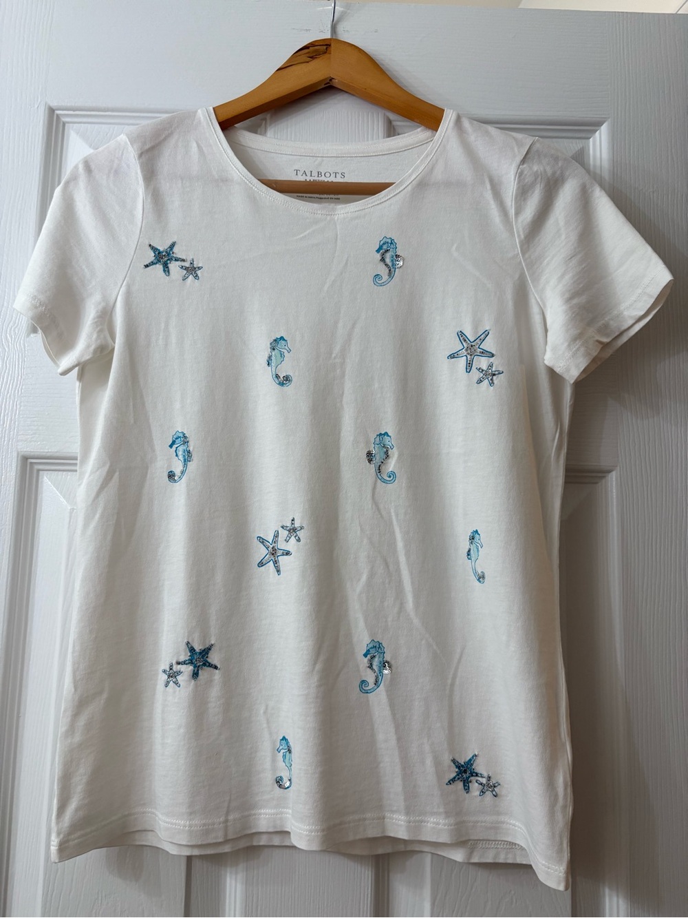 Talbots White Seahorse & Starfish Tee